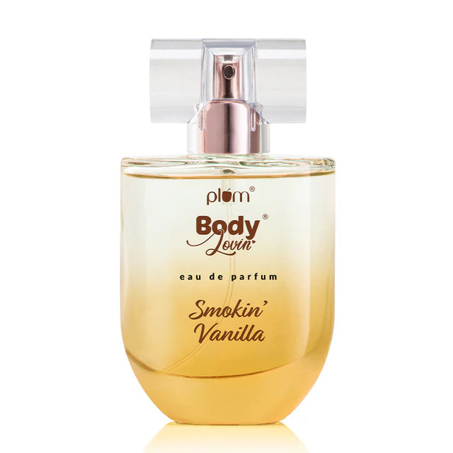 Plum BodyLovin' Smokin' Vanilla Eau De Parfum in 50 ml clear bottle, featuring a warm vanilla caramel fragrance.
