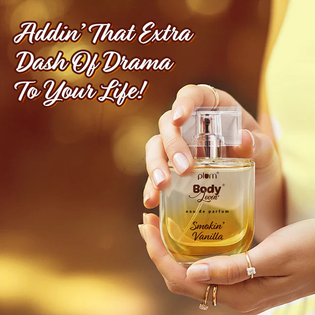 Woman holding Smokin' Vanilla Eau De Parfum bottle, highlighting its elegant design and bold vanilla caramel scent.