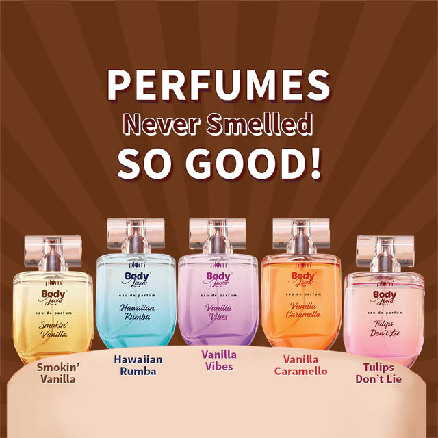 Lineup of Plum BodyLovin' perfumes including Smokin' Vanilla, showcasing vibrant scents and colorful 50 ml bottles.