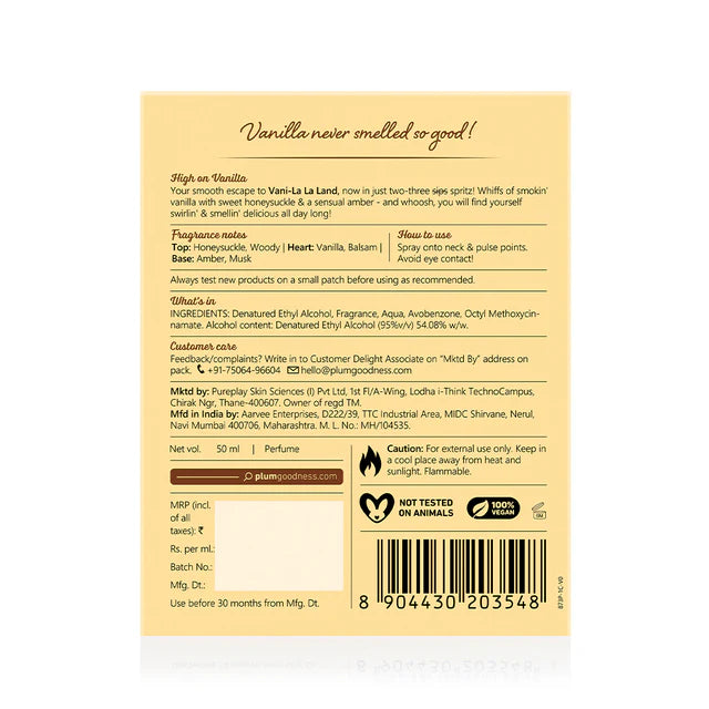 Back label of Smokin' Vanilla Eau De Parfum detailing ingredients, usage instructions, and product features.