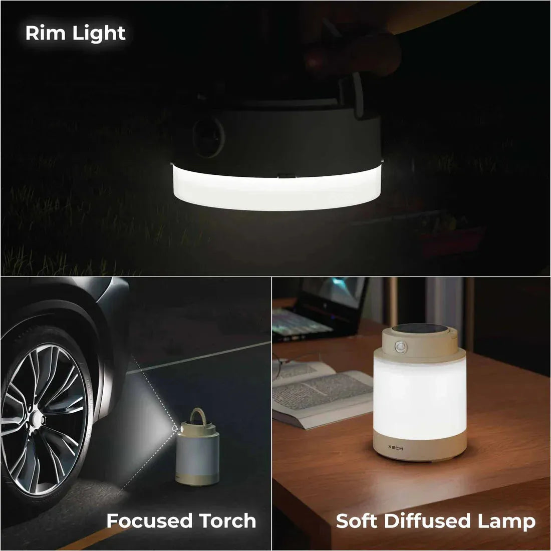 Collage of a rim light, focused torch, and soft diffused lamp in use.