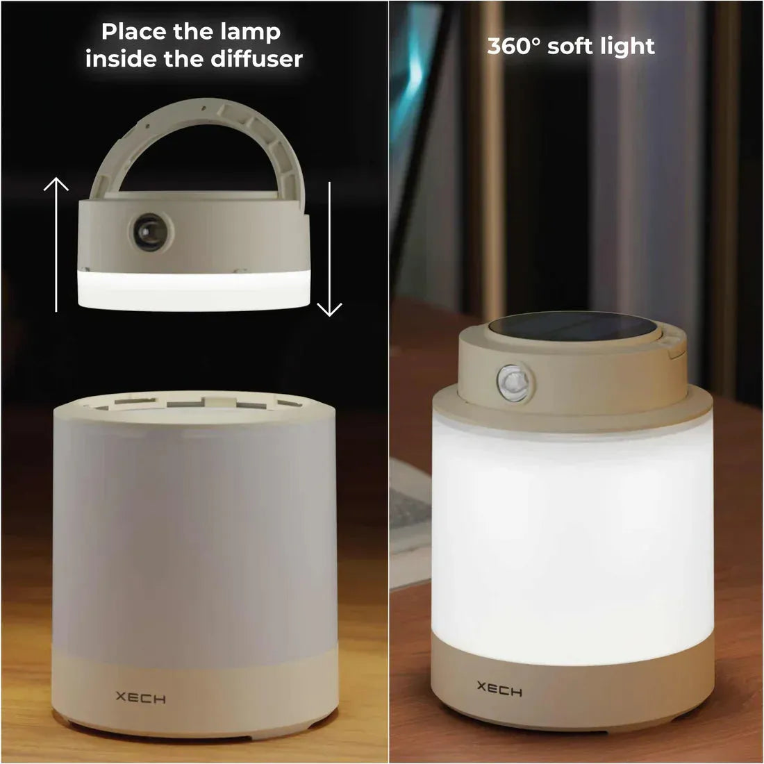 Xtech lamp with diffuser attachment and 360-degree soft light feature.