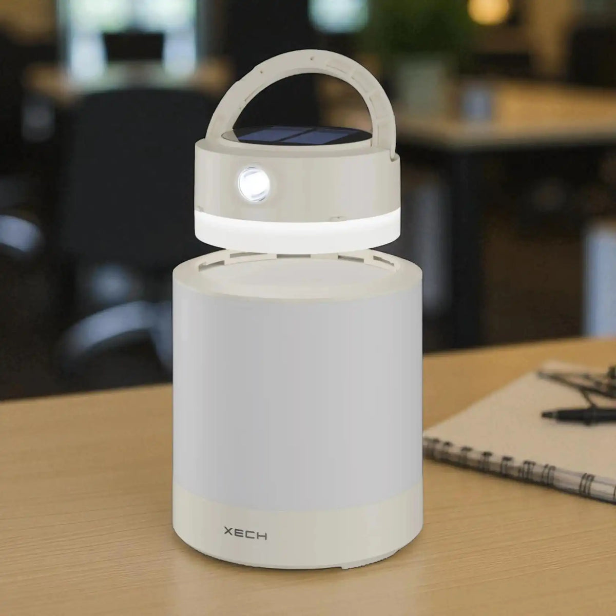 Solar-powered lantern on a table with a blurred background