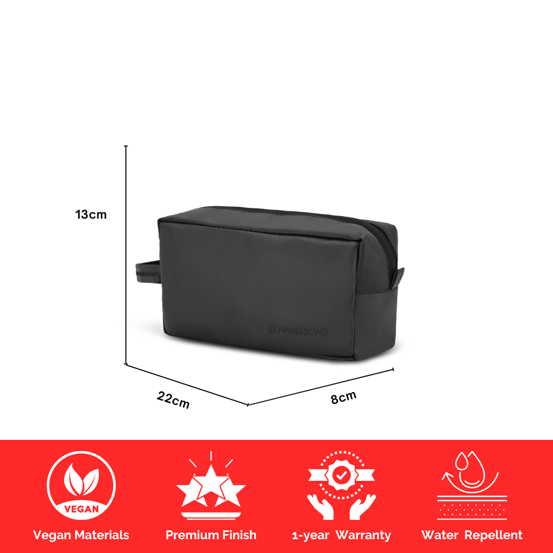 Black toiletry bag with dimensions and feature icons on a white background