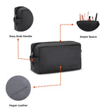 Black toiletry bag with features highlighted on a white background