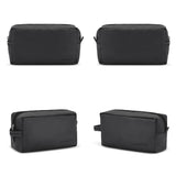 Four views of a black toiletry bag on a white background