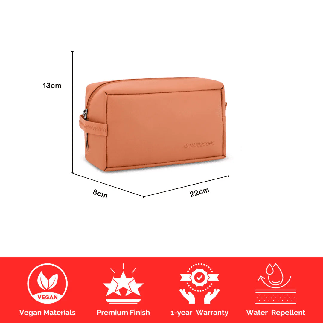 Brown toiletry bag with dimensions and feature icons on a white background