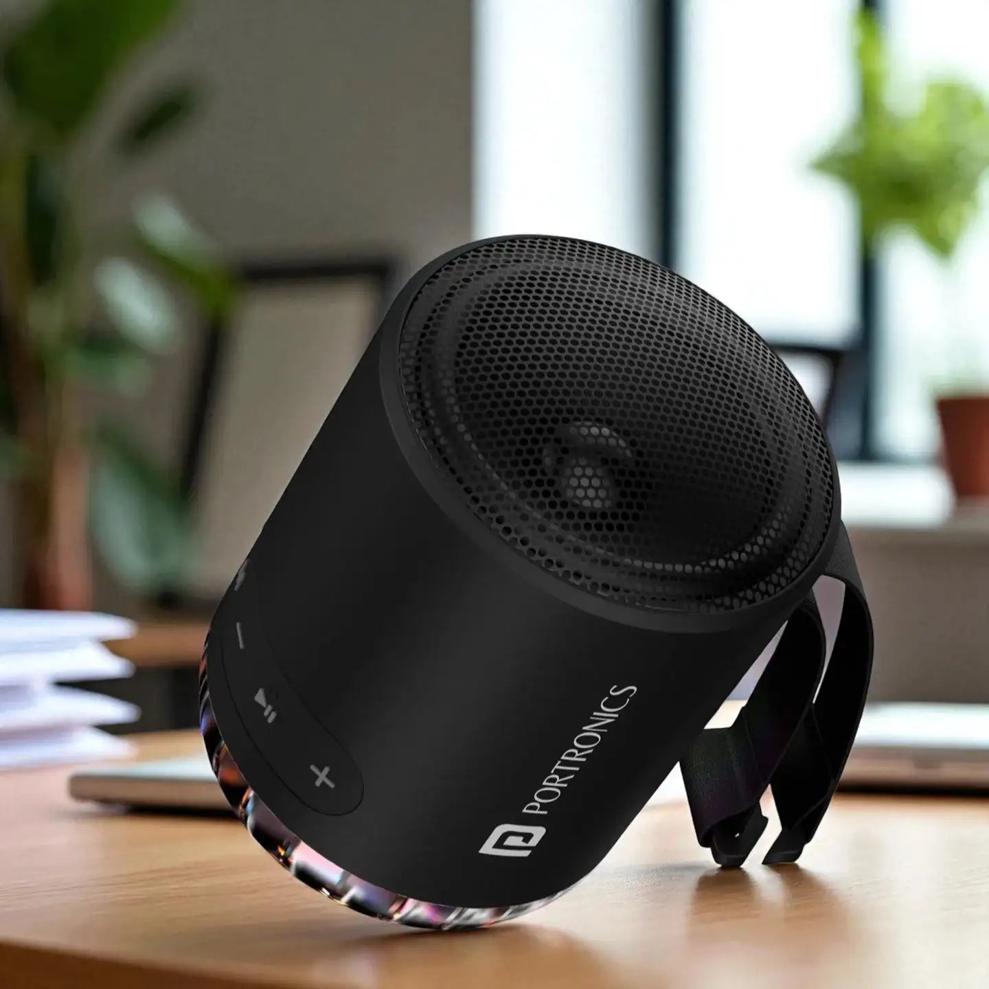 Black portable speaker on a wooden surface 