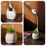 Collage of a multi-functional white device used as a pen stand, table lamp, and plant pot.