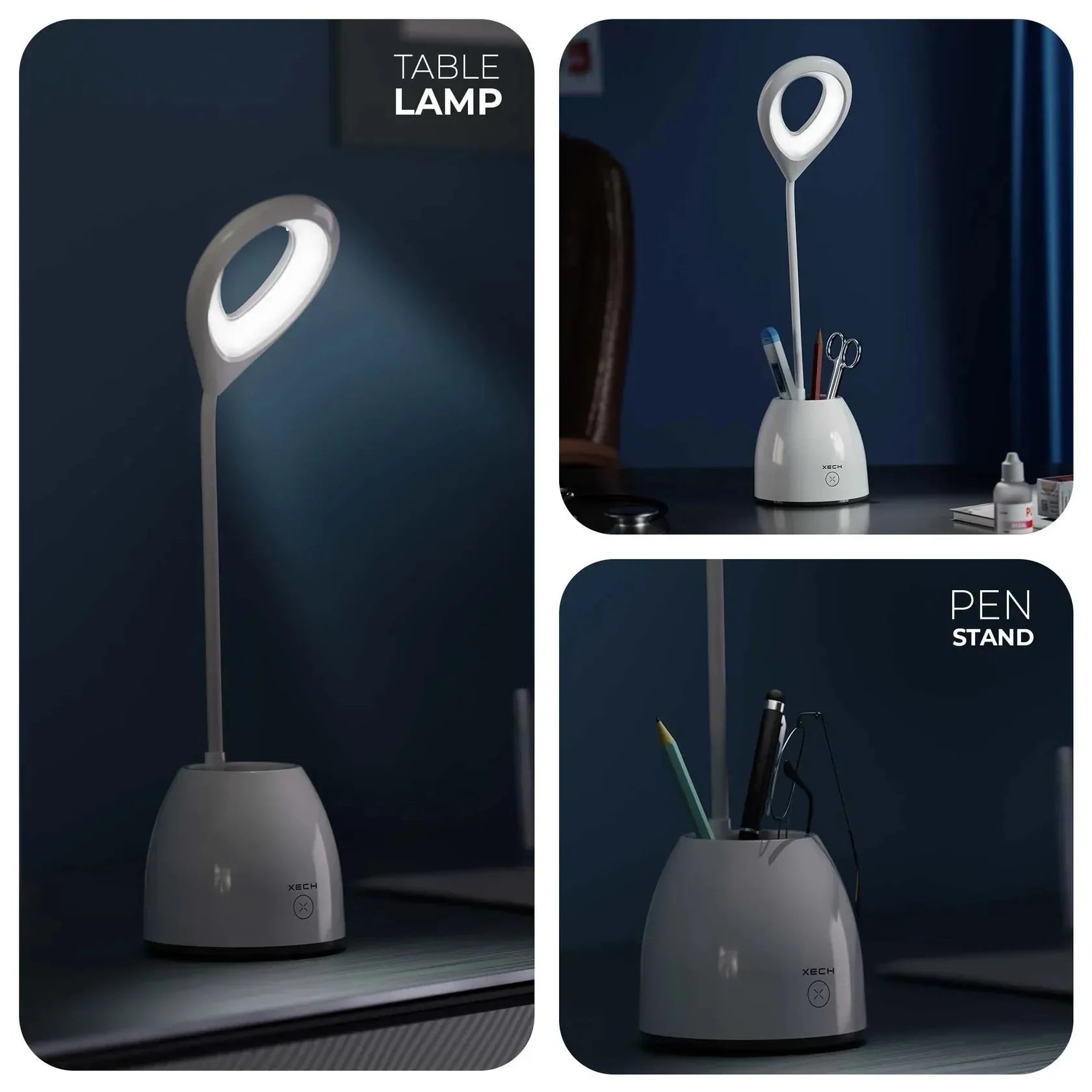 Collage of a table lamp and pen stand with a dark background