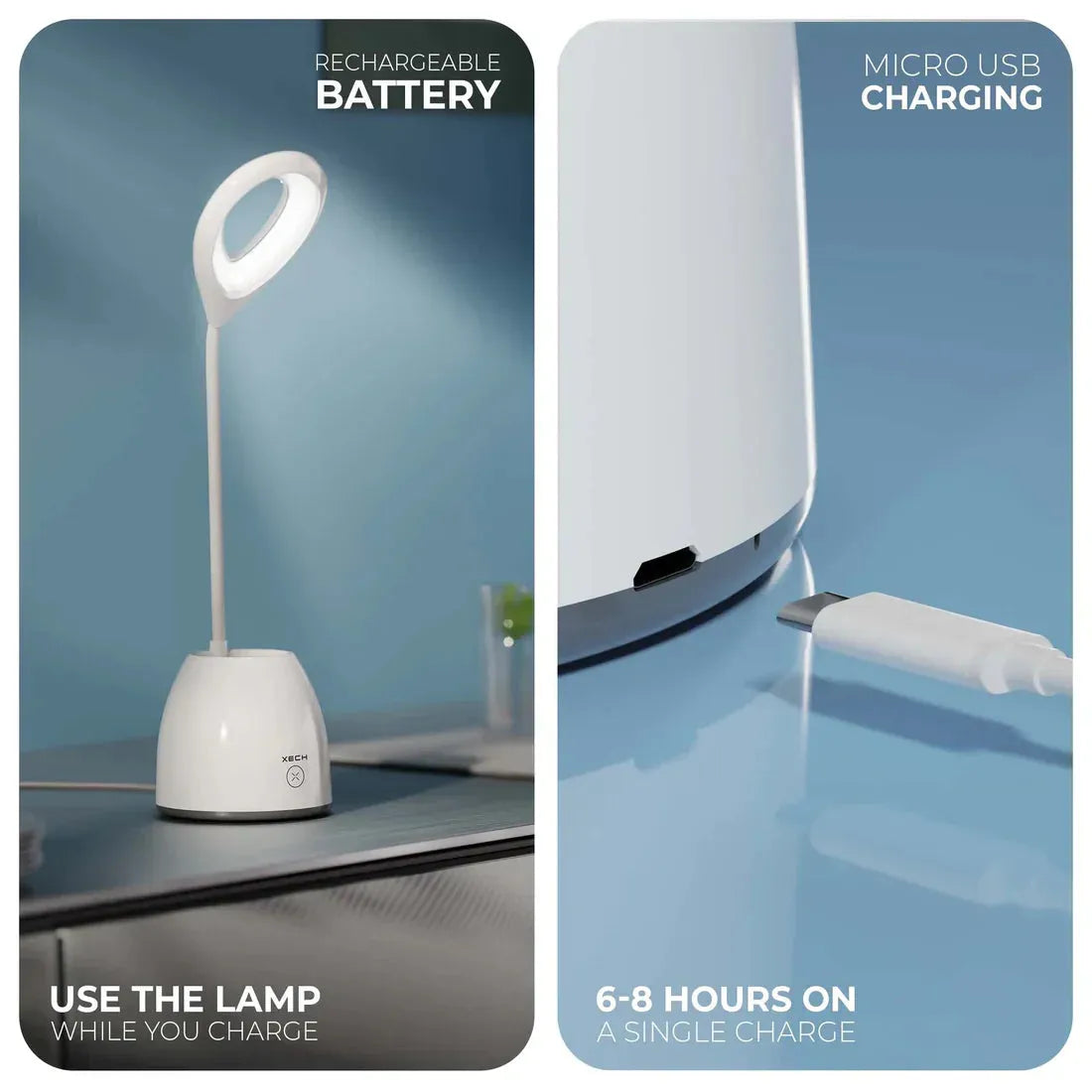 White lamp with charging options on a blue background