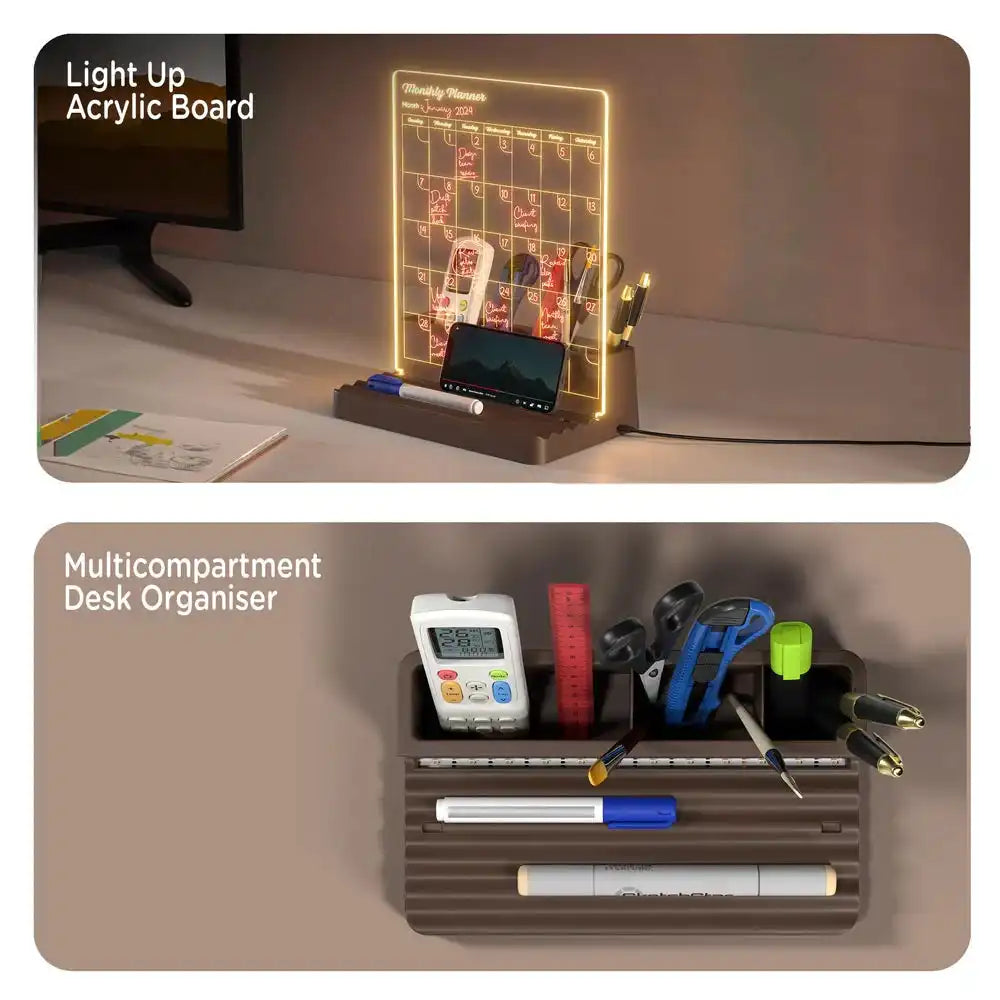 Light up acrylic board with calendar and desk organizer with stationery items on a desk.