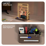 Light up acrylic board with calendar and desk organizer with stationery items on a desk.