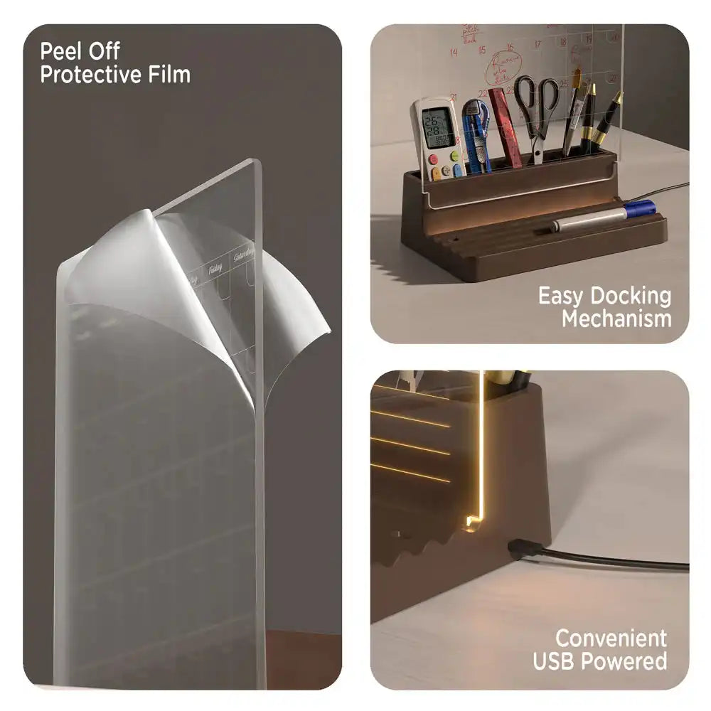 Product packaging with peel off film, desk setup, and USB power indicator.