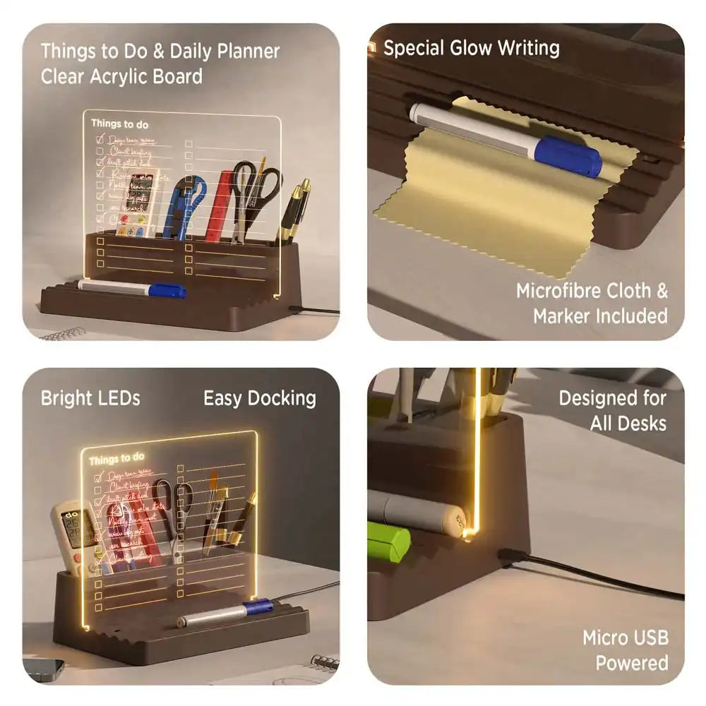 Clear acrylic board with stationery items, glowing text, and USB power features.