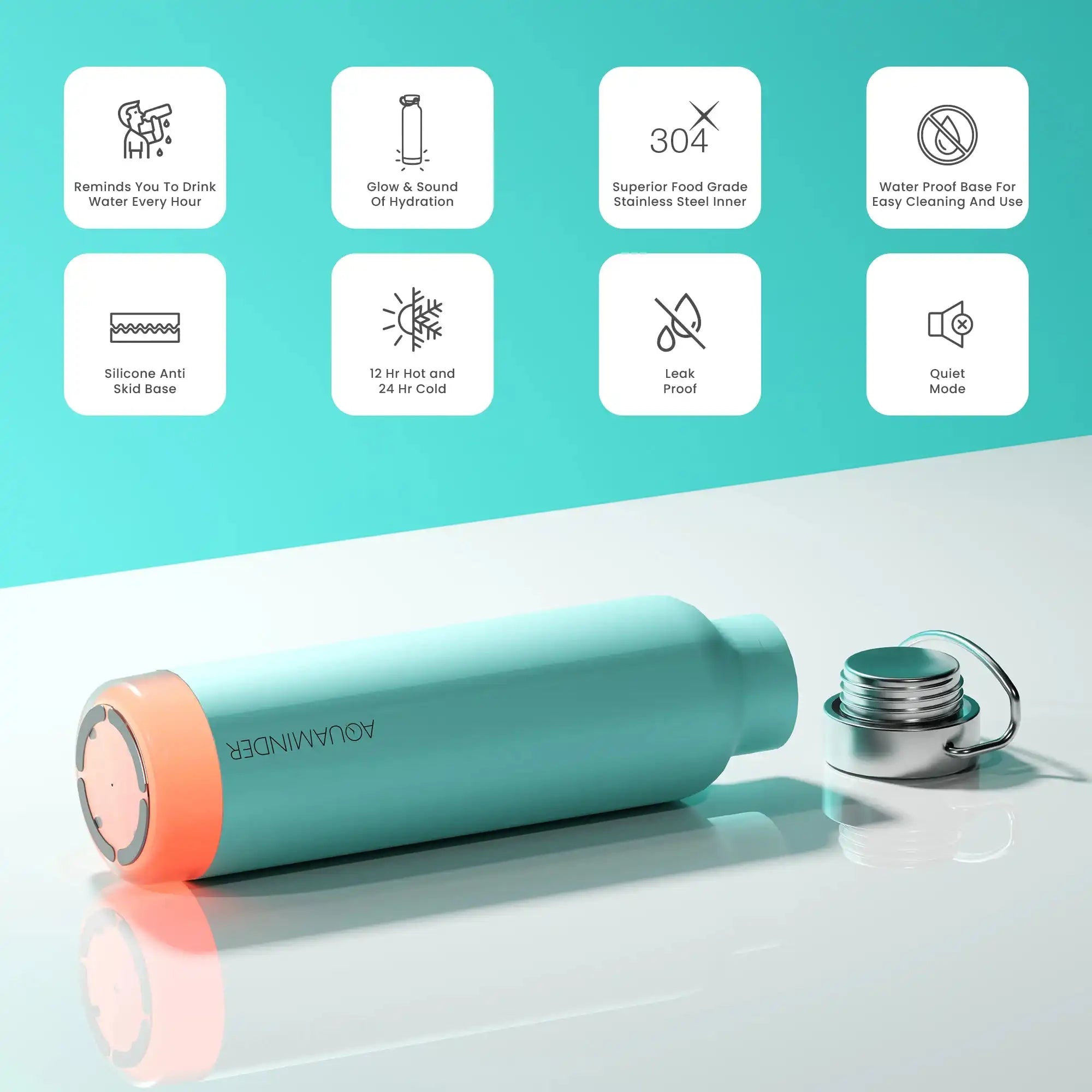 Teal water bottle with pink base on a light blue background with feature icons.