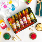 Holi celebration with Thandai flavors, colorful powders, and party favors for festive gifting