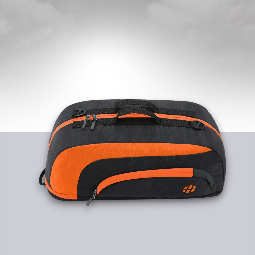 Jake Convertible (3-in-1) Gym Duffel/Sports Bag with Shoe Compartment (31 Ltrs) Black Orange Medium