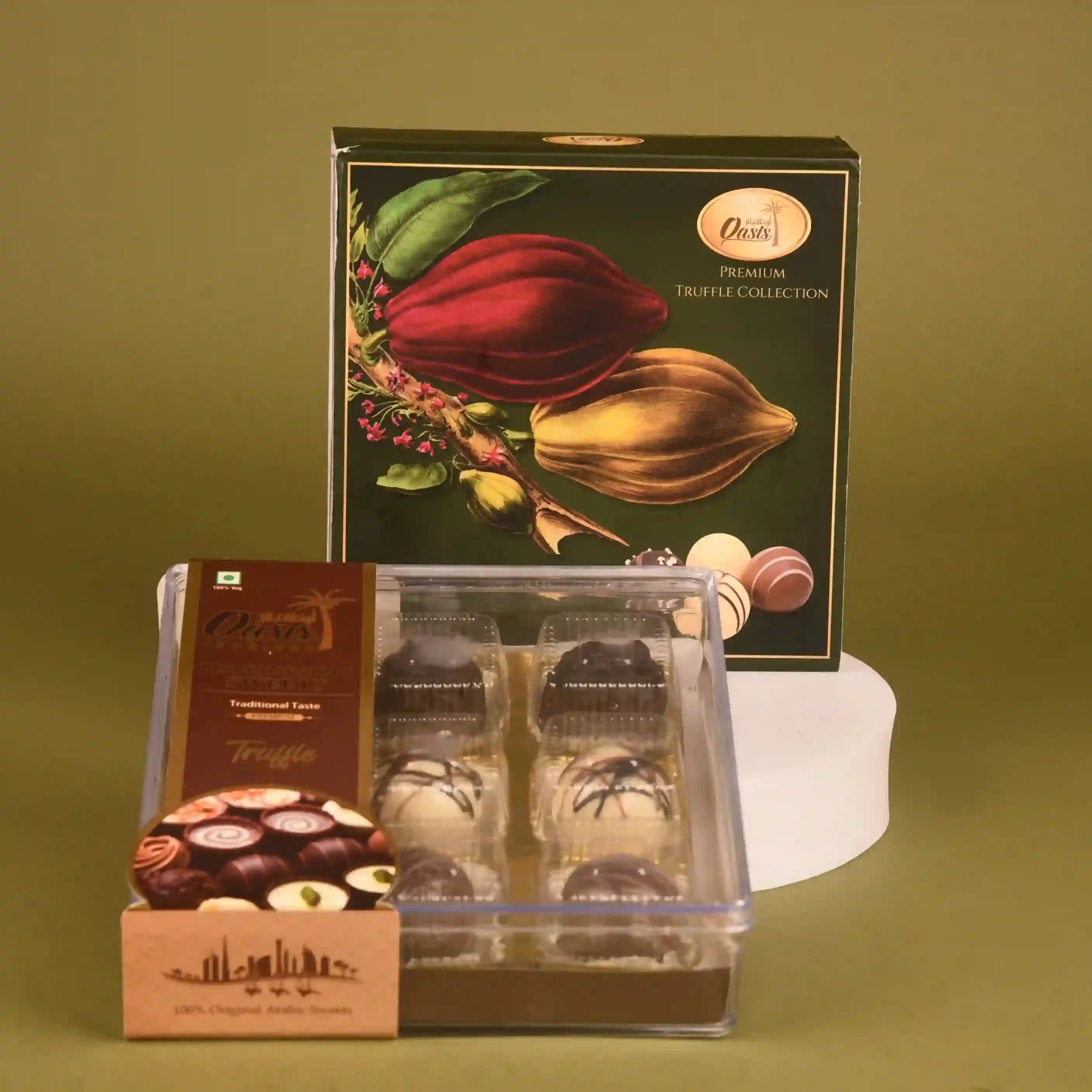 Truffle collection packaging on a green background