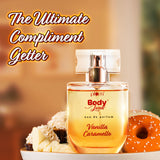 Plum Vanilla & Caramello Eau De Parfum displayed with donuts and cupcakes, promoting it as the ultimate compliment-getter in the Vanilla Vibes Bath Body Gift Set.