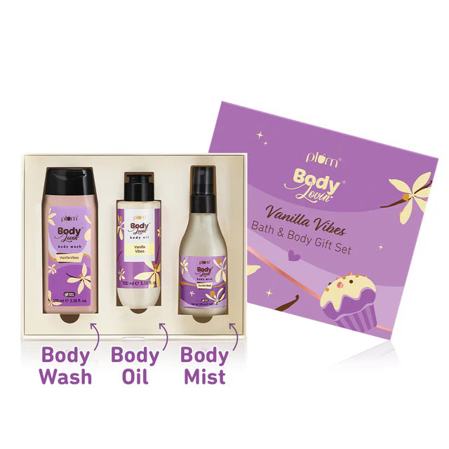 Plum Vanilla Vibes Bath & Body Gift Set featuring body wash, body oil, and body mist in a stylish purple box. Perfect for pampering gifts.