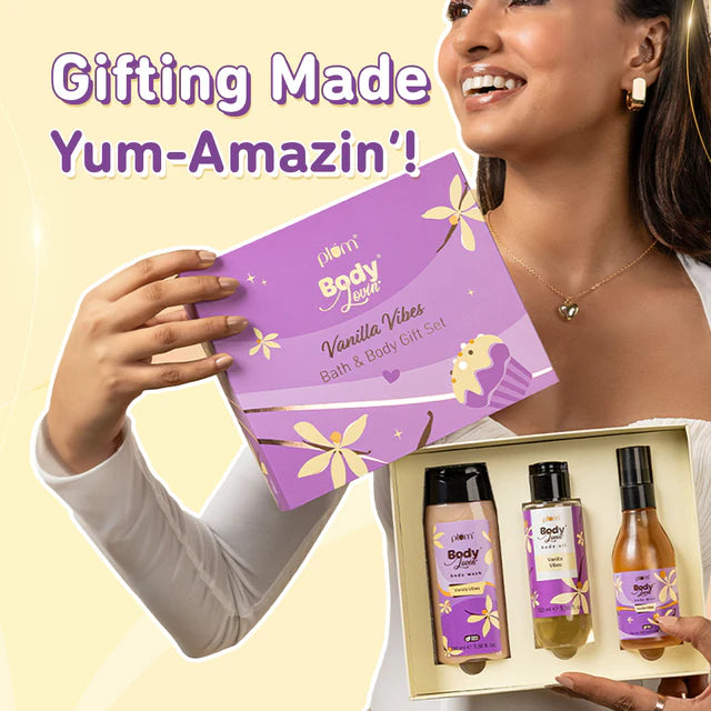 Woman holding Plum Vanilla Vibes Bath & Body Gift Set - Hawaiian Rumba Perfume, showcasing body wash, mist, and oil. Great for gifting occasions.