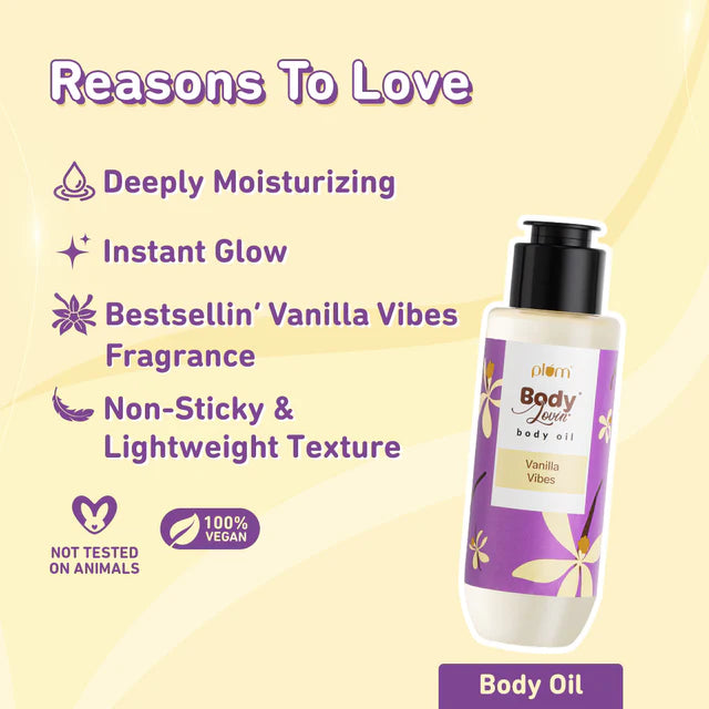 Plum Vanilla Vibes Body Oil with instant glow and lightweight texture. Deeply moisturizing and non-sticky, perfect for soft, radiant skin.