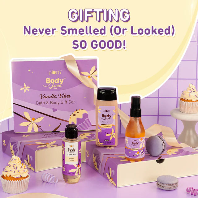Plum Vanilla Vibes Bath & Body Gift Set with body wash, mist, and oil in a decorative box. Ideal for birthdays, anniversaries, and festive gifting.