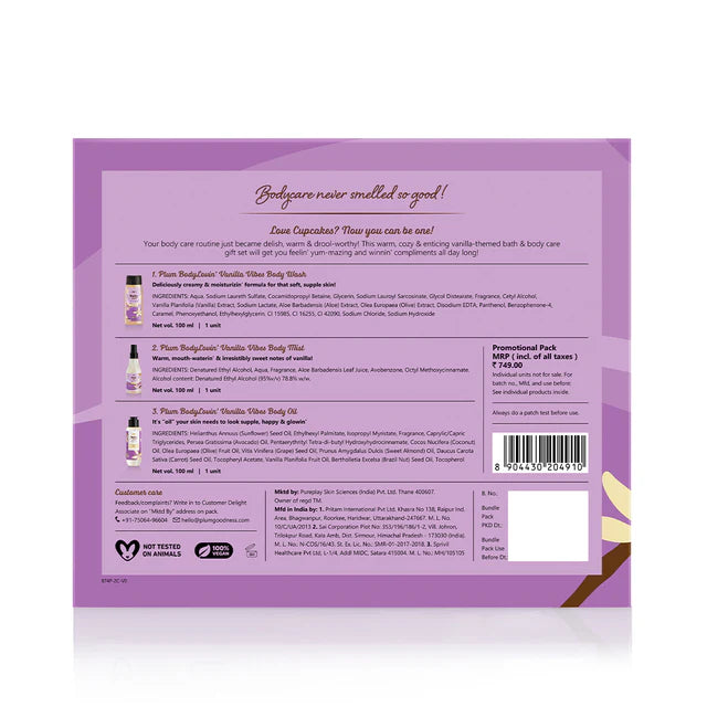Back view of Plum Vanilla Vibes Bath & Body Gift Set packaging with product details, ingredients, and usage instructions. Hawaiian Rumba Perfume edition.