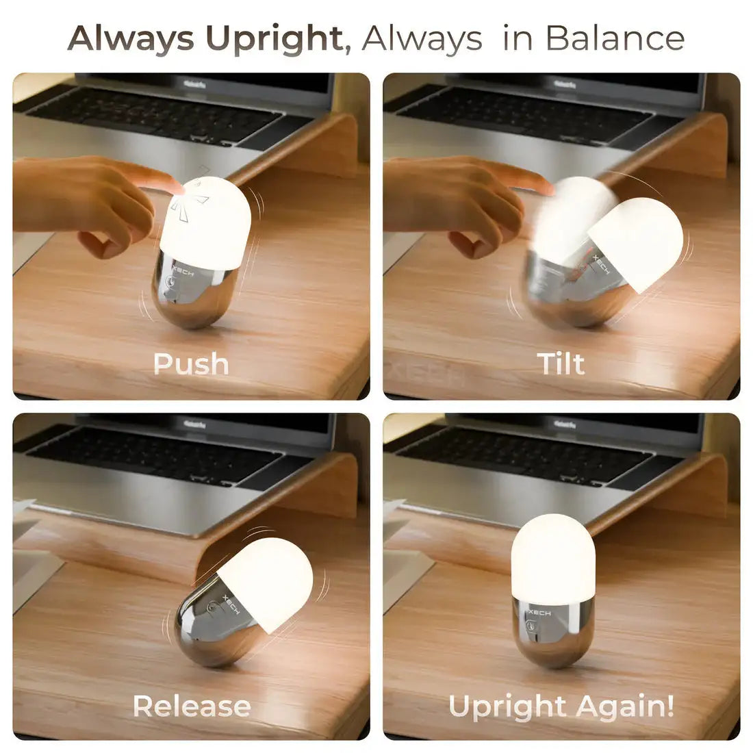 Innovative desk lamp design with push, tilt, release, and upright features.