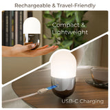 USB-C charging device on a table with text highlighting features