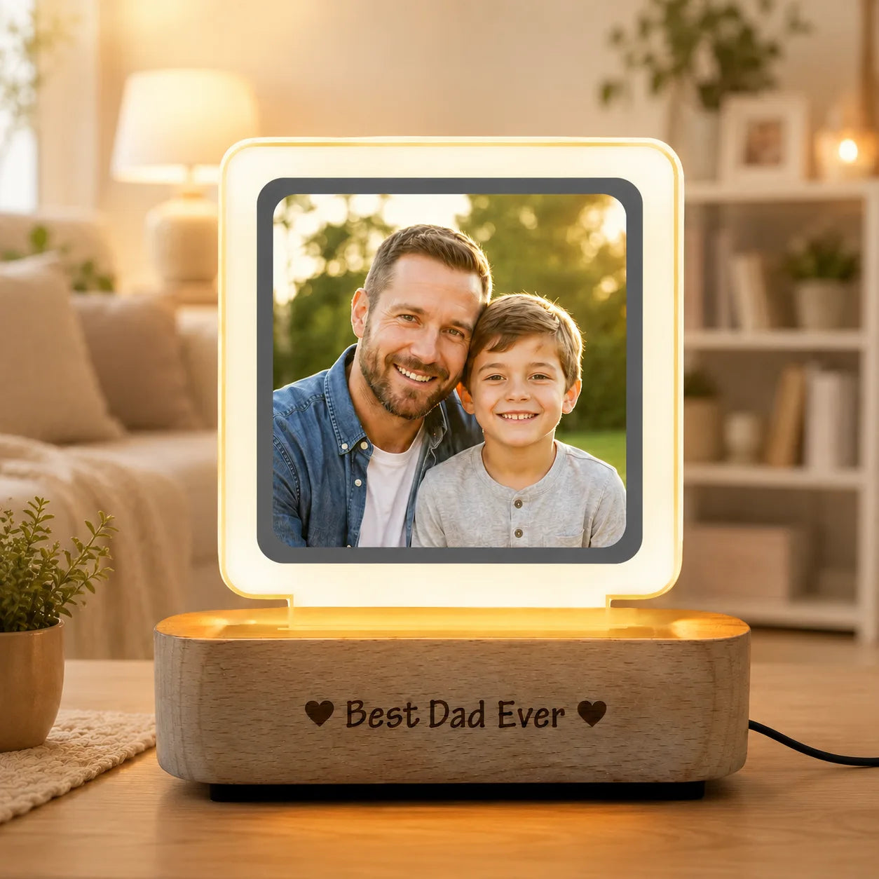 Decorative lamp with a photo of a man and a child on a wooden base with 'Best Dad Ever' engraving.