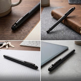 Collage of a black pen on various surfaces including a desk, notebook, and tablet.
