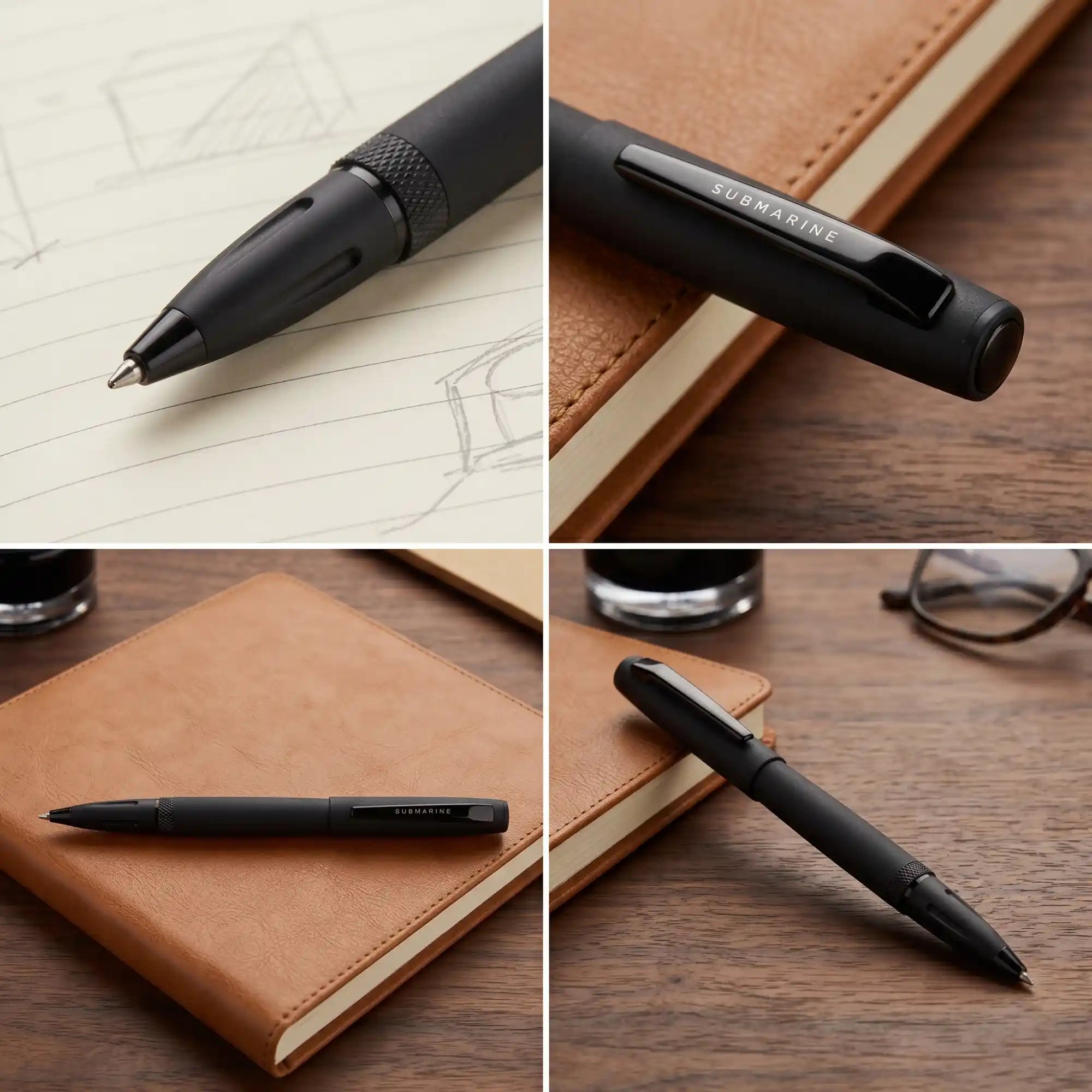 Black pen on a notebook with close-up details on a wooden surface.