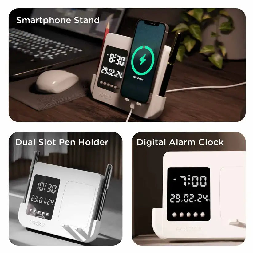Multifunctional desk organizer with smartphone stand, dual slot pen holder, and digital alarm clock.