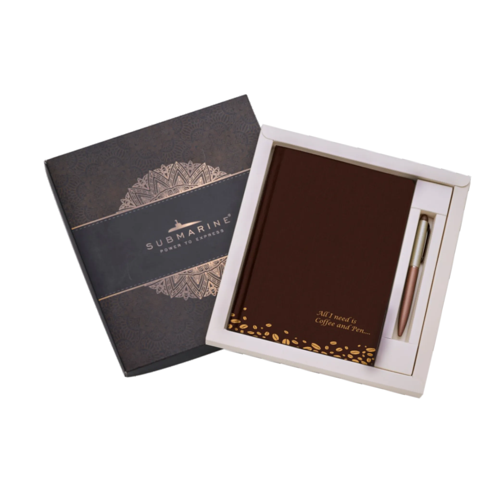 Notebook set with pen in a box on a white background