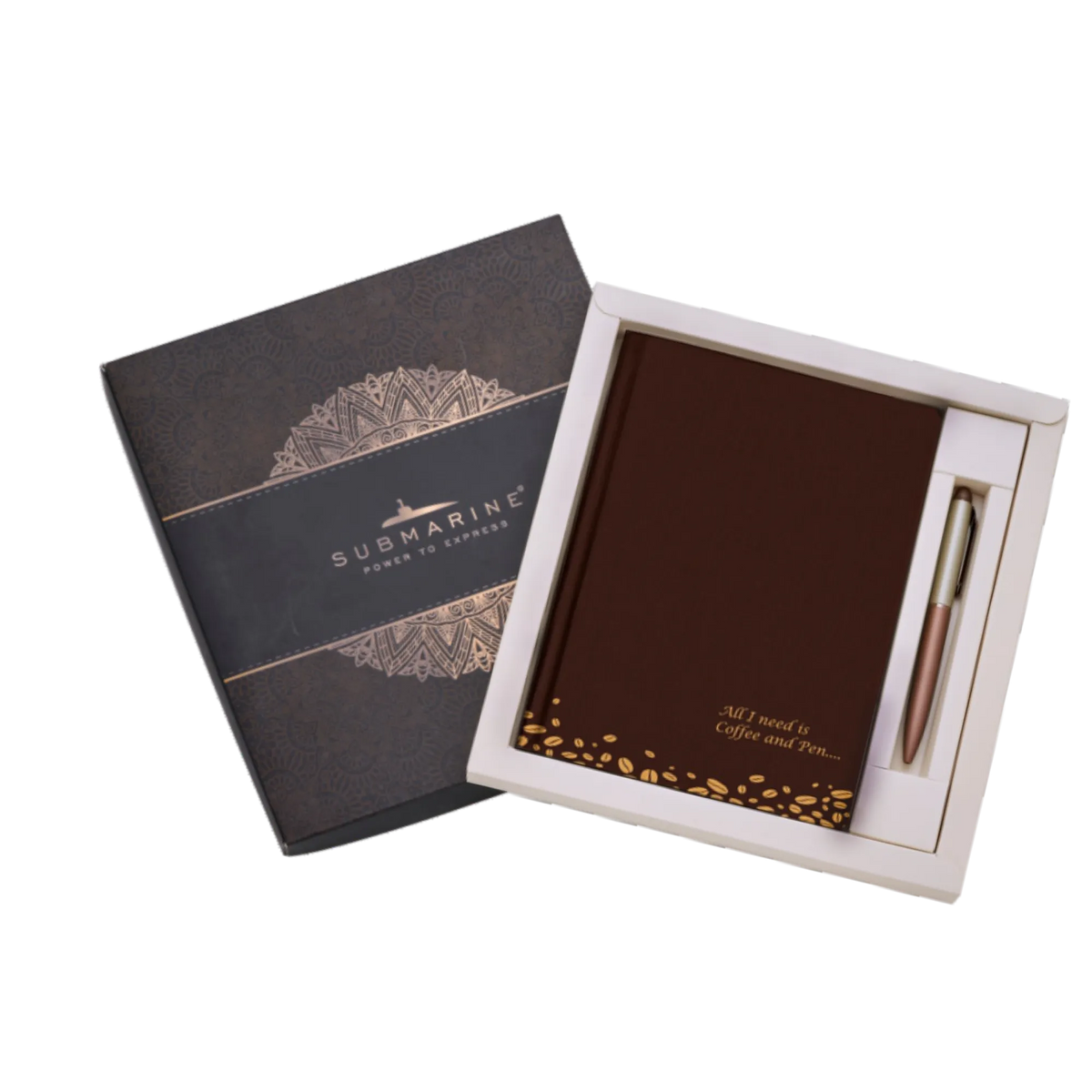 Notebook set with pen in a box on a white background