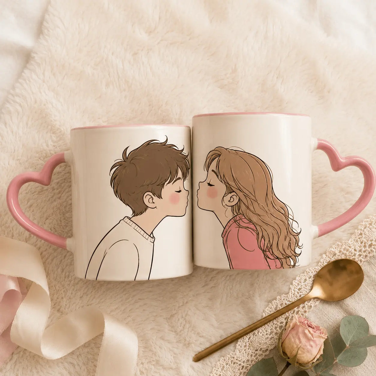 Personalized Kissing Couple Heart Handle Mug Set