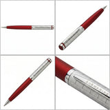 A four-panel grid displaying various product shots of a single ballpoint pen. The pen features a matte red barrel and textured silver cap section. The three other panels show full-length views from different angles. The bottom-right panel is a close-up macro shot focusing on the textured silver cap, showing the text 'SUBMARINE' clearly legible on the polished clip, the intricate textured pattern, and a thin red band near the clip's base against a white background.