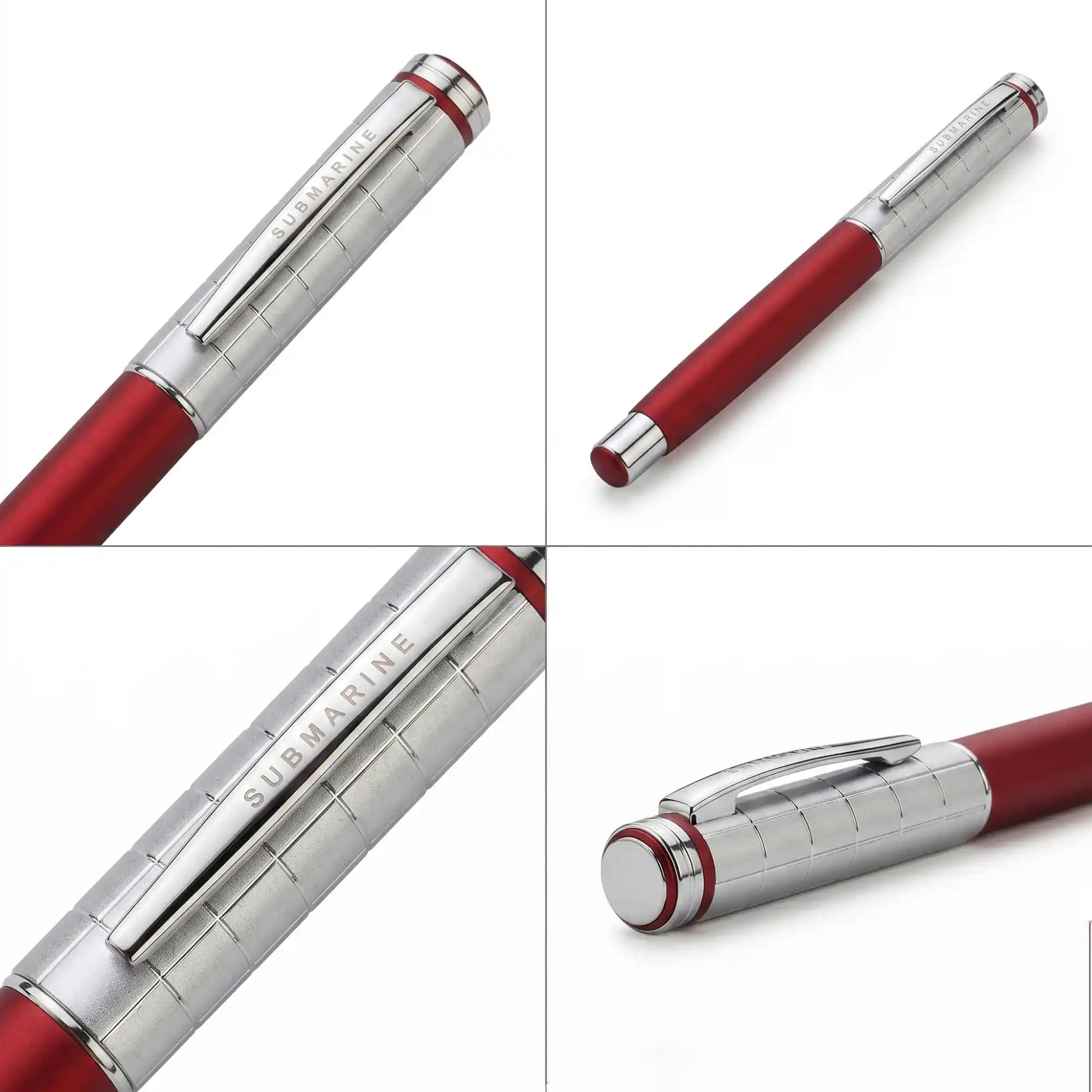 A multi-panel grid of four detailed product photographs of a single luxury ballpoint pen on a clean white background. The pen has a matte red metal barrel and a polished silver metal cap with a detailed checkered grid pattern. On the left, two macro close-up panels focus tightly on the silver checkered cap and its highly polished clip, which features the gold word "SUBMARINE" brand etching. Above right, a high-angle, three-quarter view shows the full length of the pen. Below right, a detailed close-up focus