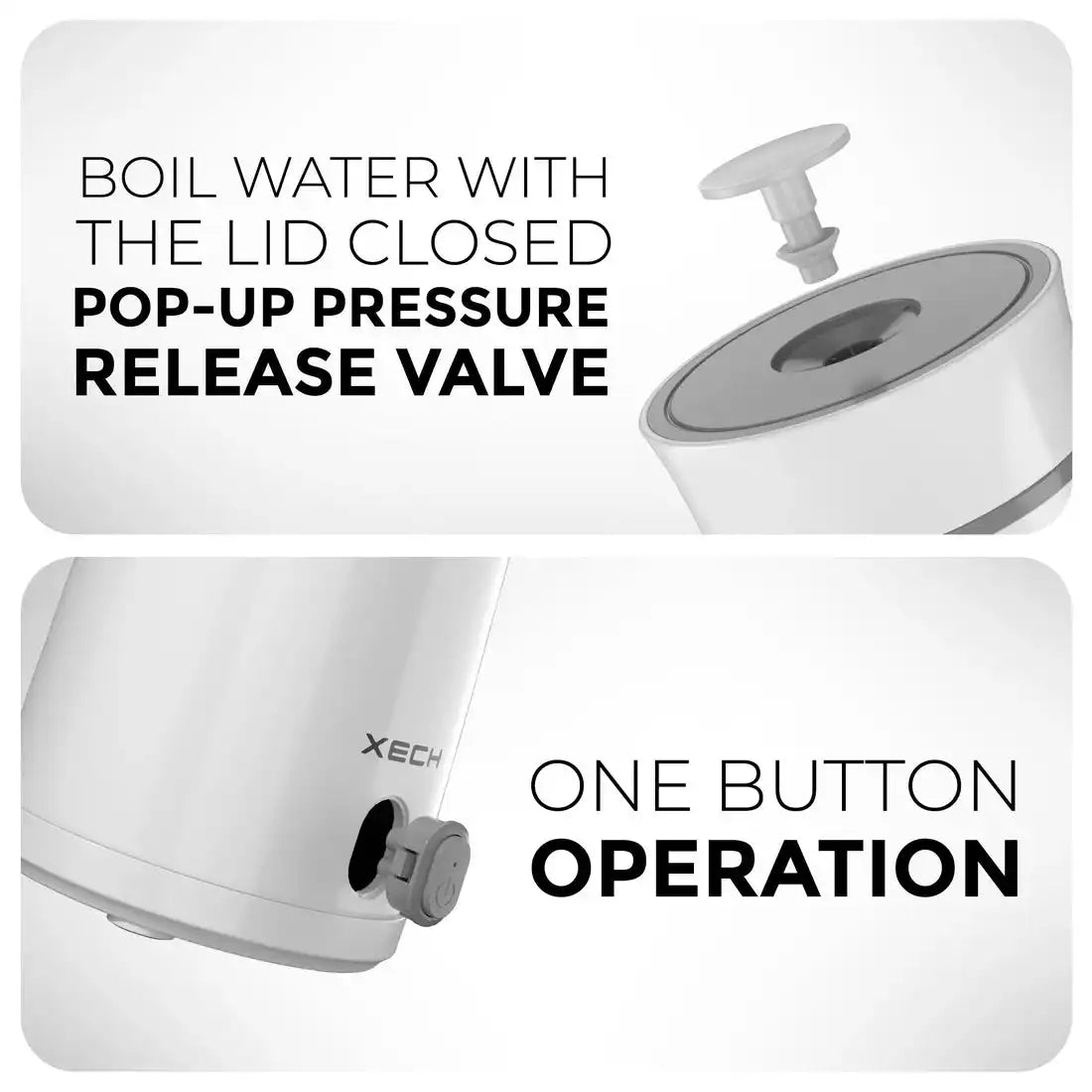 White water boiler with pop-up pressure release valve and text indicating features.