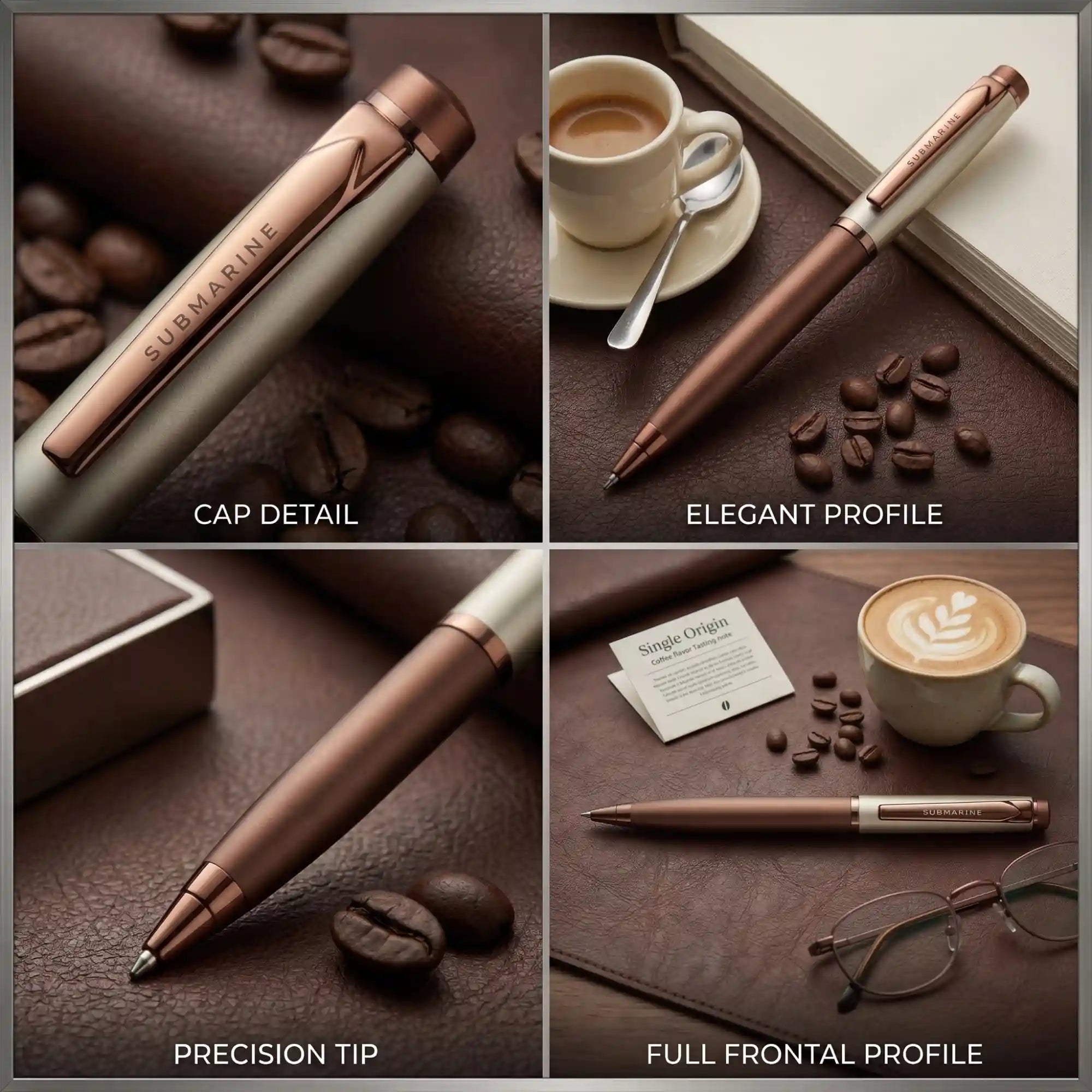 Collage of a pen with coffee and coffee beans on a brown surface