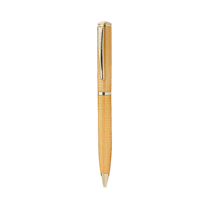 Gold pen with textured body on a white background