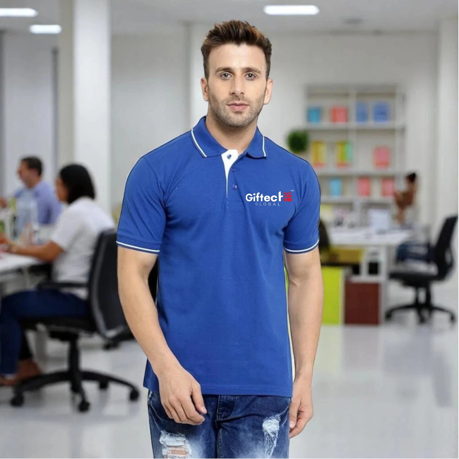 Men's Tipped Elegance Polo T-shirt with Embroidered Logo Royal Blue with White