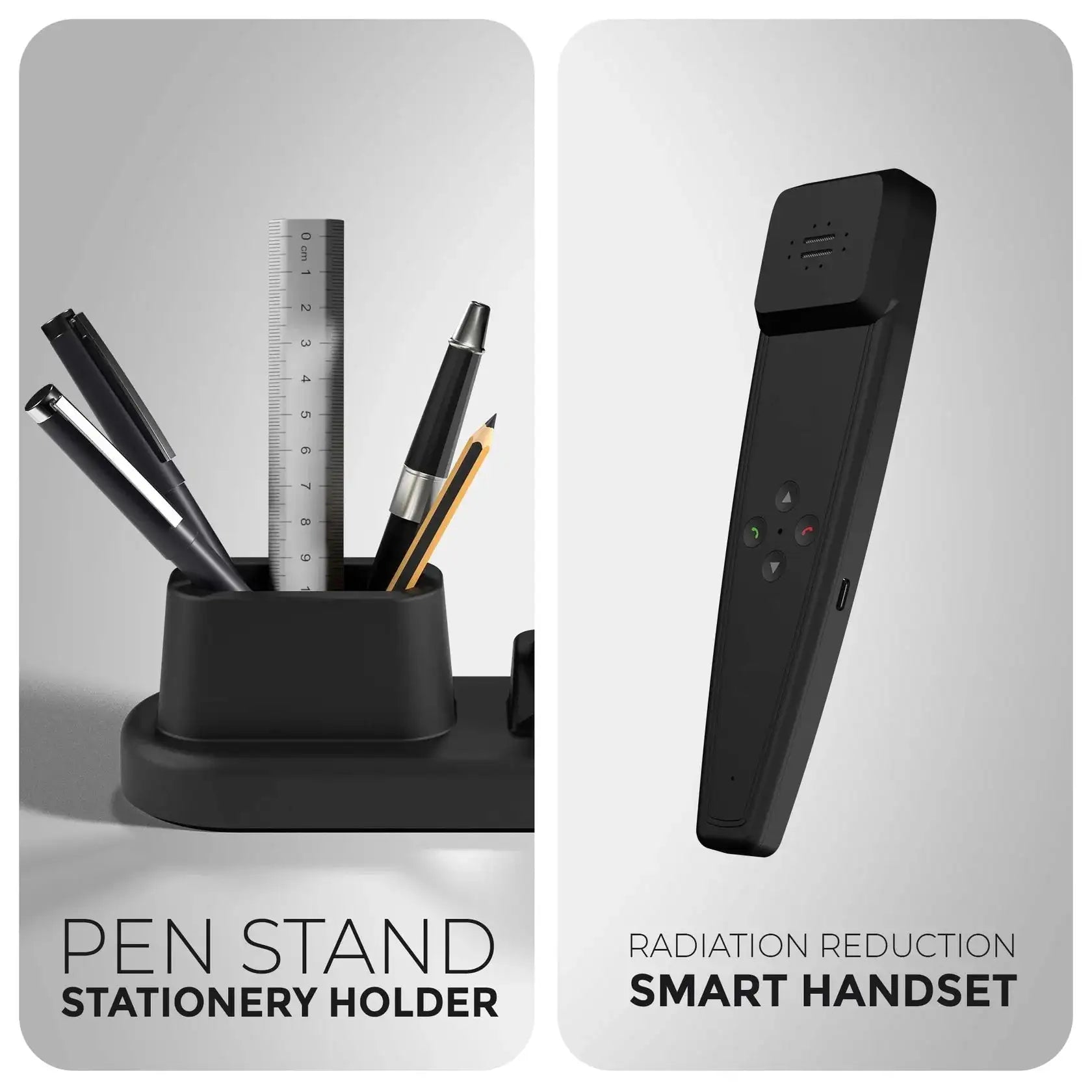 Black pen stand with stationery items and a black radiation reduction smart handset on gray backgrounds.