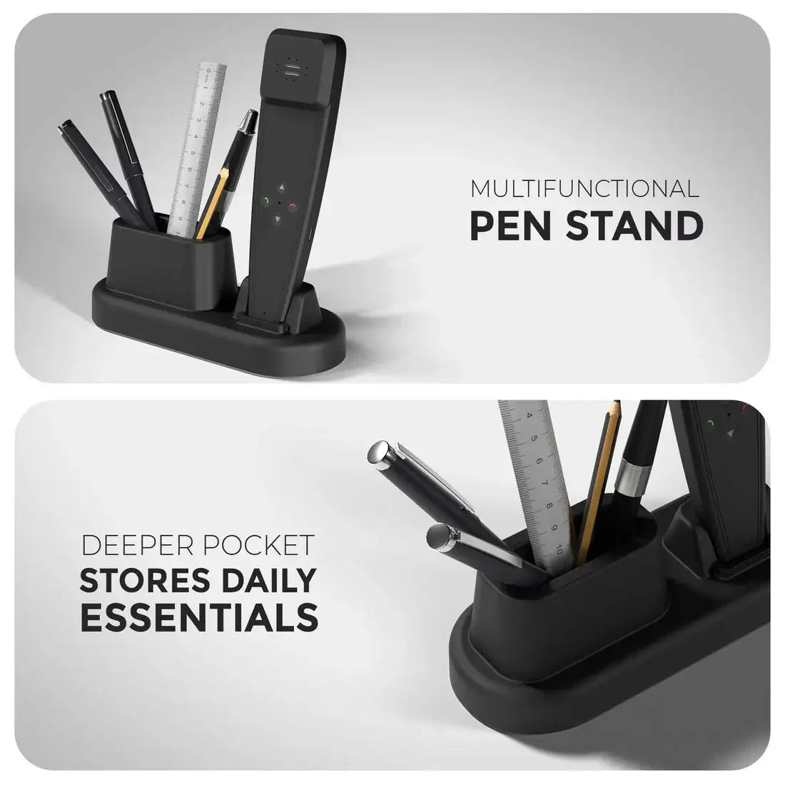 Multifunctional pen stand with phone holder and daily essentials storage on a gray background