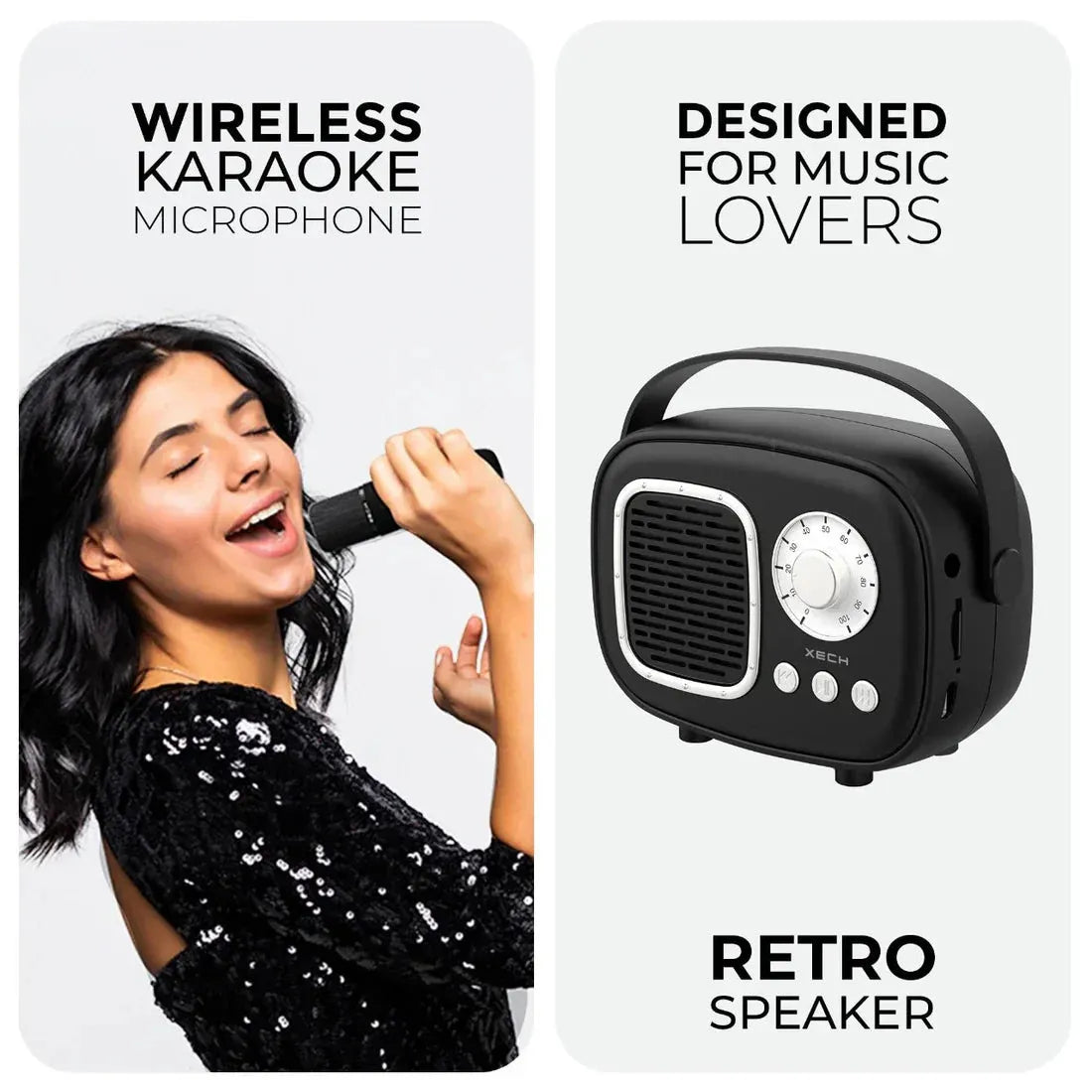 Wireless karaoke microphone and retro speaker with text on a white background