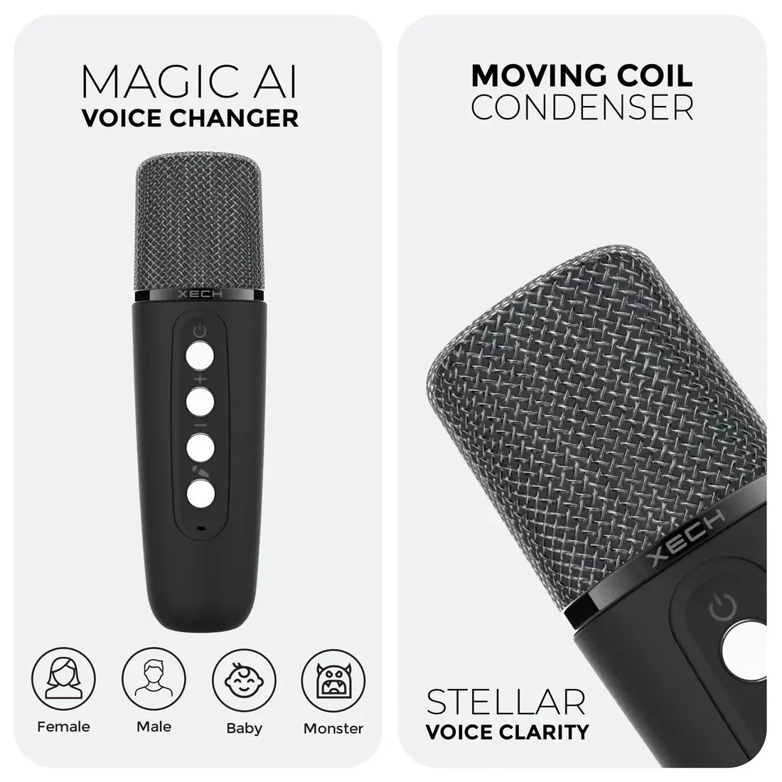 Two microphones with labels 'Magic AI Voice Changer' and 'Moving Coil Condenser' on a white background.