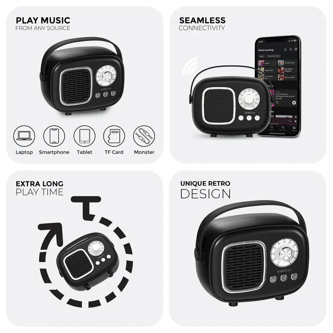 Black portable speaker with features listed on a white background