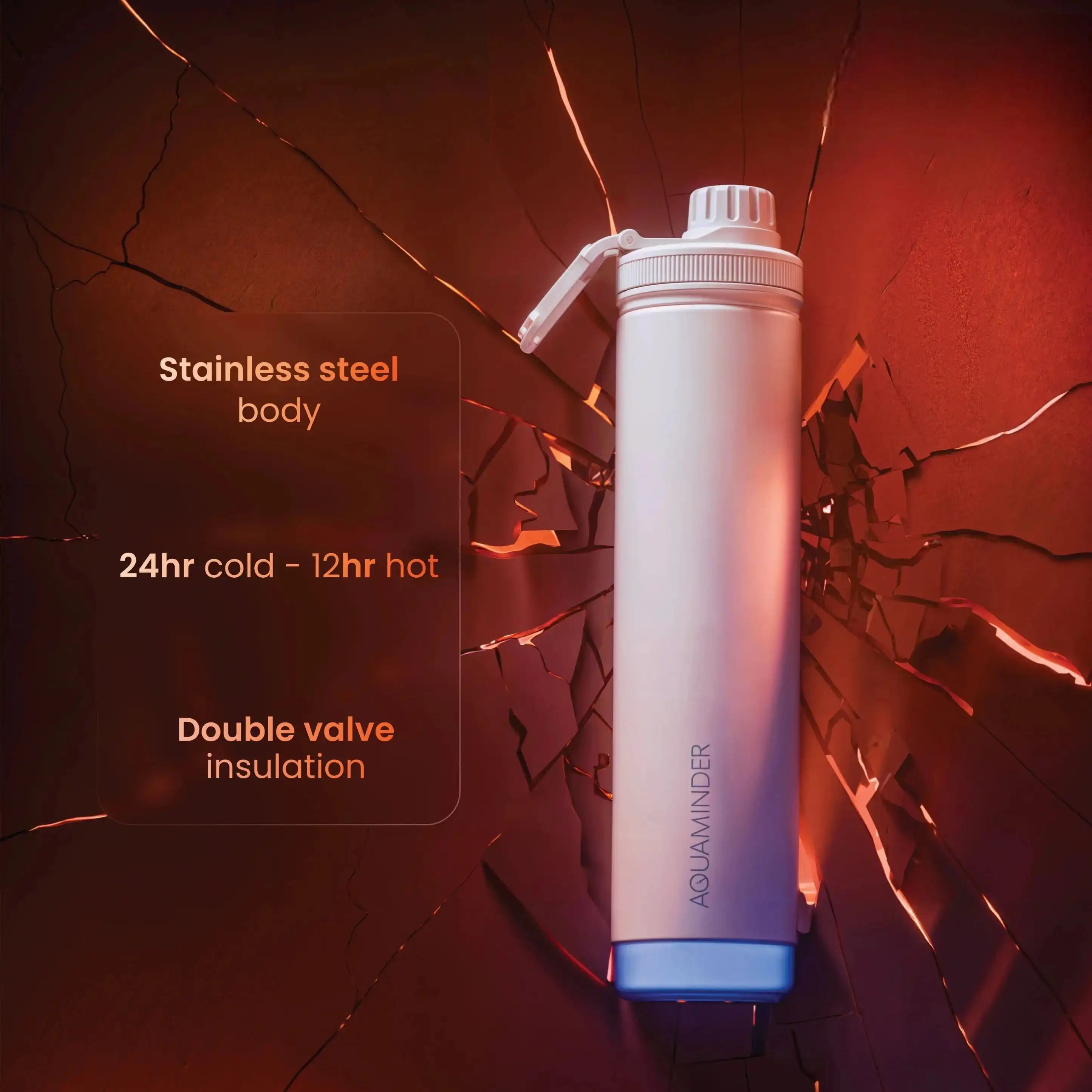 Stainless steel water bottle with insulation features on a cracked glass background